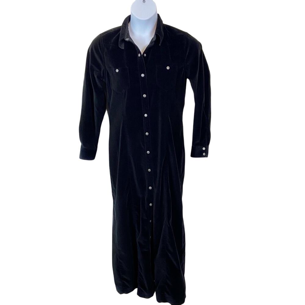 Eddie Bauer Shirt Dress Women sz M Vintage Black Velvet Long Secretary Librarian